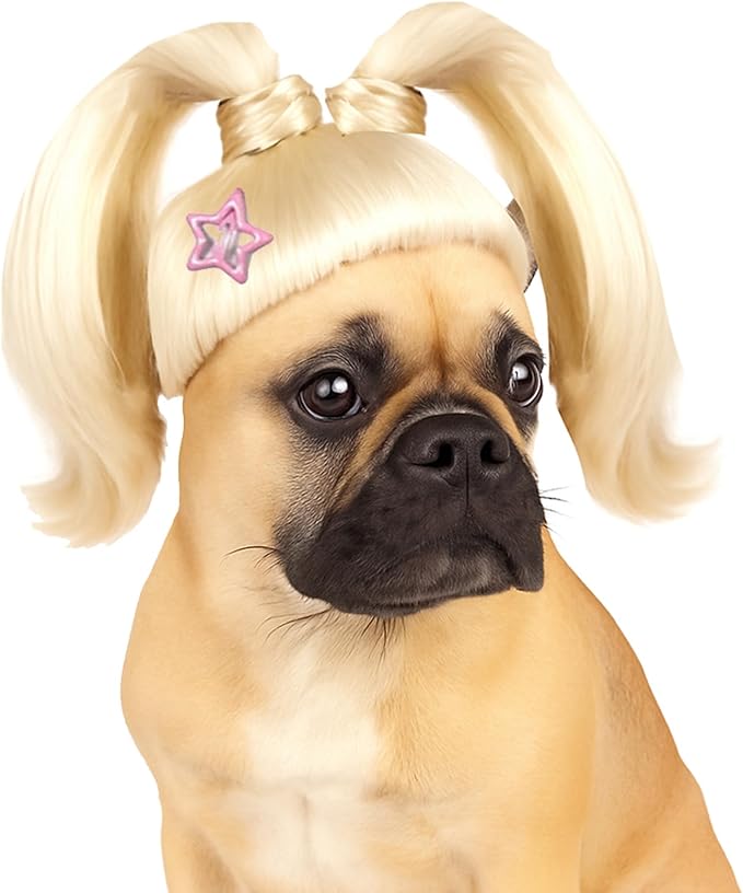 Blond Long Hair Ponytail Funny Pet Wig – Dog Wig for Large Girl Dog –Large Dog Costume for Halloween, Party, Photo Shoots – 3D Natural Look – Fits 15kg-50kg Pets