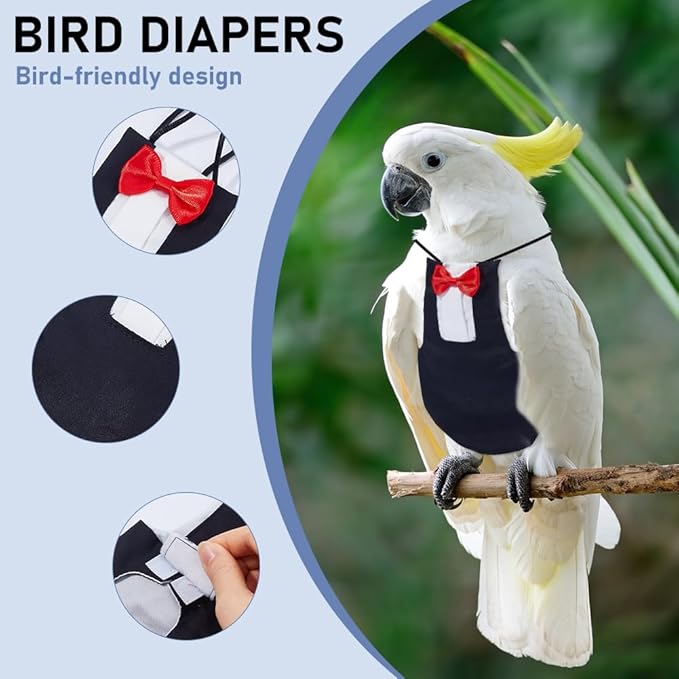 SUPERFINDINGS 2Pcs 2 Colors Parrot Flying Nappy Bird Diaper Harness Cockatiel Tuxedo Flight Suite Reusable Parrot Nappy Clothes Costume for Conure Macaw Budgies Parakeet