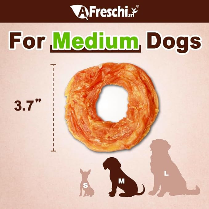 A Freschi srl Turkey Tendons for Dogs, Long-Lasting, Hypoallergenic Rawhide Alternative, Human Grade, Healthy Puppy Chews, Natural Dog Treats for Medium Dogs, Ring (M), 2 Count Pack