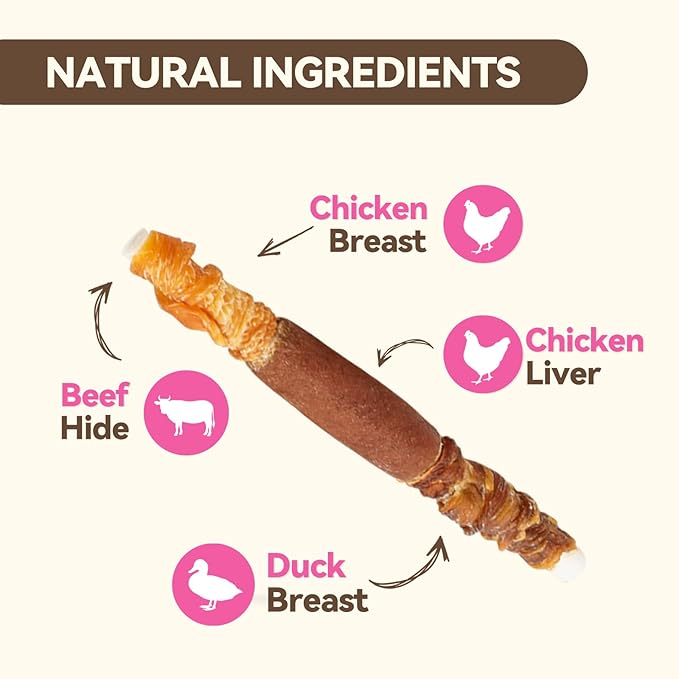 Dog Treats Rawhide Sticks with Chicken, Duck & Chicken Liver, Triple Flavor Beefhide Chews for Small & Medium Dogs, 5 Inch, 30 Count, 21.16 oz