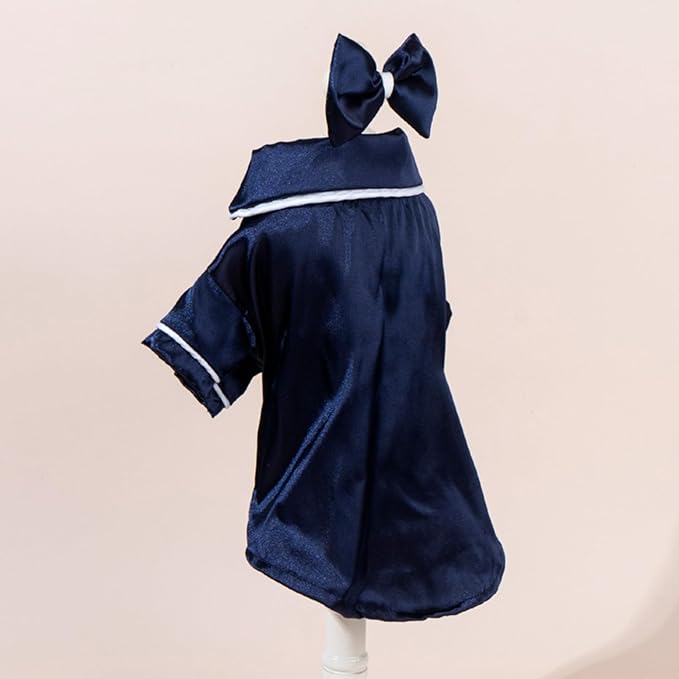 Cat Puppy Costume Elegant Satin Pajamas with Bow Headband 2PCs Set Pet Sleepwear Cute Pet Outfit Cosplay Partywear Photoshoots (Blue Set,X-Small)