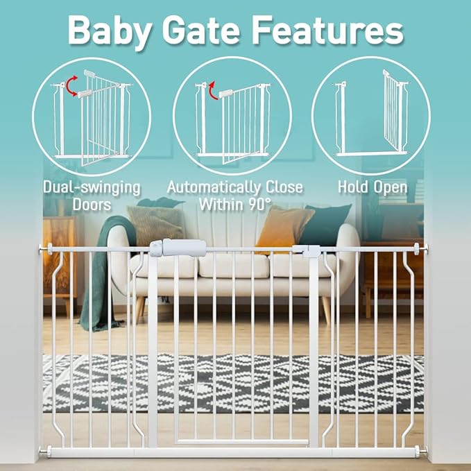 WAOWAO Baby Gate 48.03-52.72" Extra Wide Pressure Mounted Walk Through Swing Auto Close Safety White Metal Toddler Kids Child Dog Pet Puppy for Stairs,Doorways,Kitchen