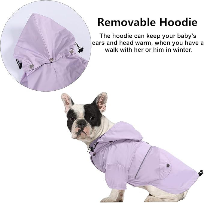 Morezi Dog Zip Up Raincoat with Reflective Buttons, Rain/Water Resistant, Adjustable Drawstring, Removable Hood, Raincoats with Legs 8lbs to 80lbs Available - Purple - XL