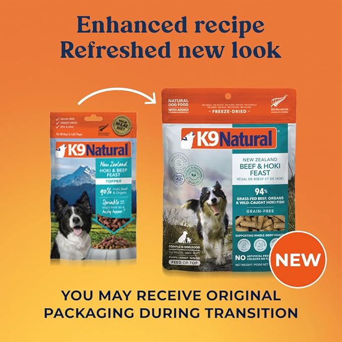 K9 Natural Beef & Hoki Freeze Dried Dog Food, High-Meat Natural Complete Meal or Meal Toppers for Dogs, Grass-Fed Beef & Hoki from New Zealand, Grain-Free, GMO-Free, Complete & Balanced Nutrition, 4lb