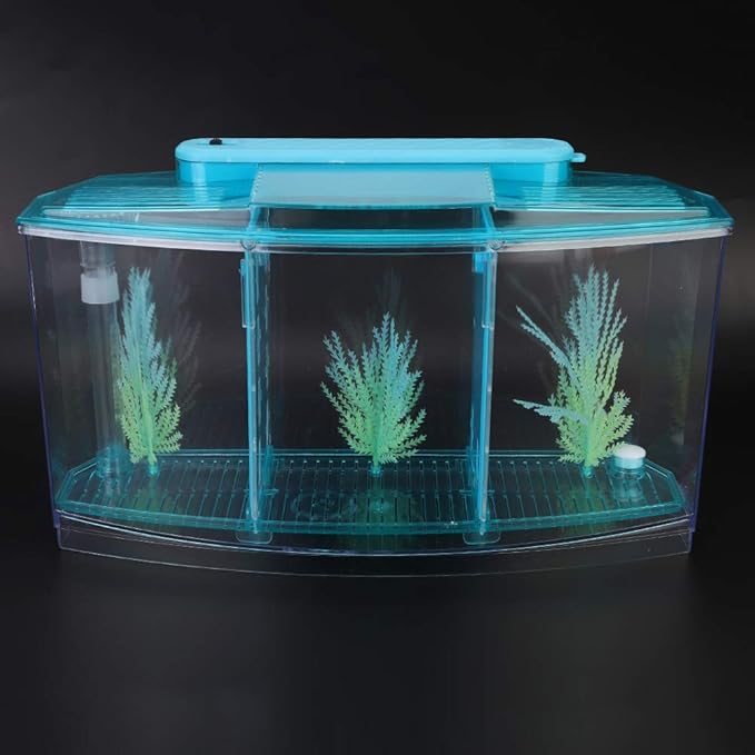 HEEPDD Triple Chamber Fish Breeder Box for Aquarium, Transparent Acrylic Small Fishes Breeding Isolation Box with Six LED Lights and Water Change Valve Breeder for Fish Tank (Blue)