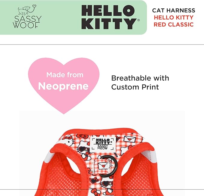 Sassy Woof Cat Step-in Harness - Hello Kitty® Red Classic - S, Breathable Mesh, No Pull Design with Two D-Rings, Perfect for Small Cats - Officially Licensed