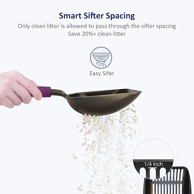 WePet Cat Litter Scoop, Non-Stick Plated Aluminum Alloy Sifter, Kitty Durable Metal Scooper, Deep Shovel, Long Handle, Kitten Pooper Lifter, Size Medium, Coated Black Body with Violet Handle