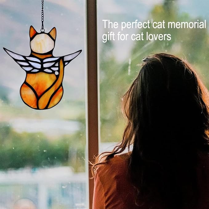 Angel Cat Memorial Ornament, Acrylic Window Hanging Decoration for Cat Lovers, Wings Suncatcher Decor, Pet Sympathy Gift Statue (Orange)
