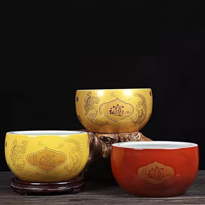Fish Tank Treasure Bowl Ceramic Fortune Fish Tank Desktop Ceramic Small Treasure Bowl Turtle Feeding Bowl Aquarium(Red,21x13cm)