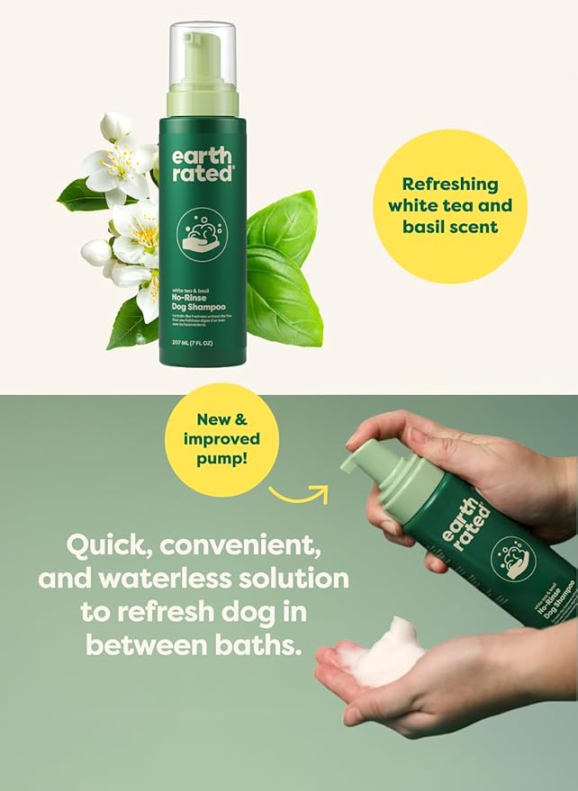 Earth Rated Waterless Dog Shampoo & Conditioner, Convenient No-Rinse Wash for Cleaning, Conditioning & Detangling, for All Coat Types, Refreshing White Tea and Basil Scent, 7 oz