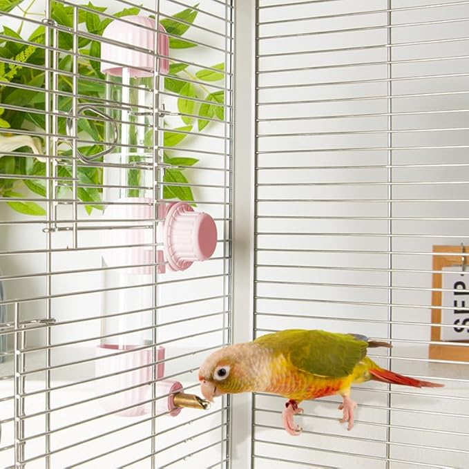 9.4 Fl Oz No Mess Bird Water Dispenser, Automatic Parrot Water Feeder with Spring Valve, Clear Cage Water Drinker for Parakeets Cockatiels Budgies Finch Lovebirds & Canary (Pink, 7.4 fl oz (220ml))