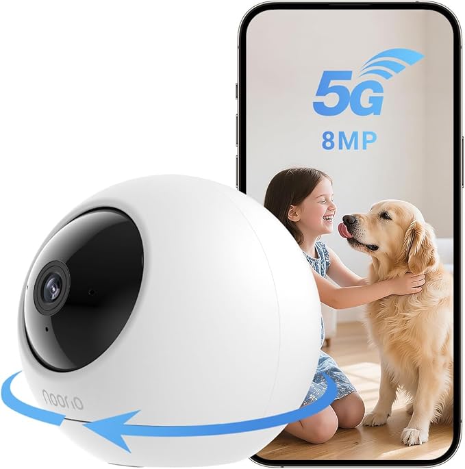 Noorio 4K Security Indoor Camera, 5GHz WiFi Security Camera, Pet/Dog/Baby Camera with Phone app, 360 Pan-Tilt, Night Vision, Human/Pet Auto Tracking, Works with Homekit, T120