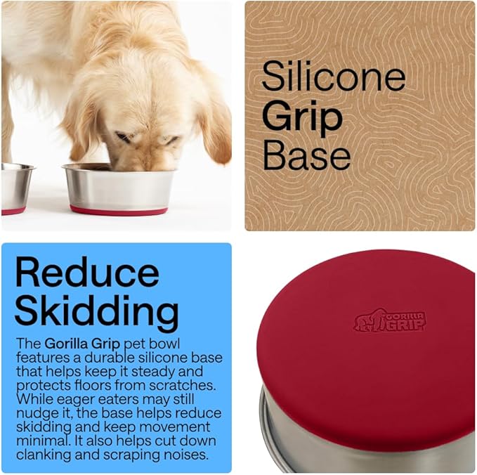 GORILLA GRIP Dog Bowls, Heavy Duty 304 Stainless Steel, Holds 4 Cups Each (32 fl oz) Food and Water Bowl for Feeding Dogs and Cats, Dishwasher Safe, Rust Resistant, BPA Free Rubber Base Set of 2 Red