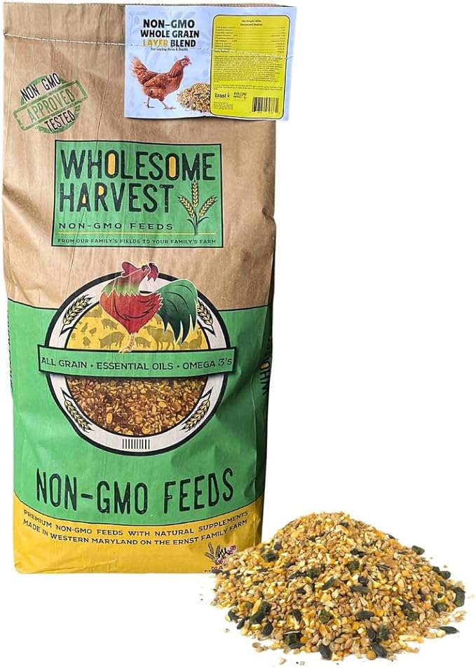 Non-GMO Whole Grain Layer Blend 16% - Chicken Feed for Laying Hens and Ducks - Includes Essential Oils, Herbs, Oyster Shells, Vital Minerals, and Omega 3, 40lb