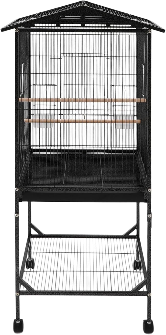 54 Inch Metal Bird Cage, Interactive Double-Door Open Top Bird Cage with 4 Feeding Windows Tray, Lockable Wheels Mobile Pet Birdcage for Parrots, Budgerigars, Parakeets, Lovebirds(Black)