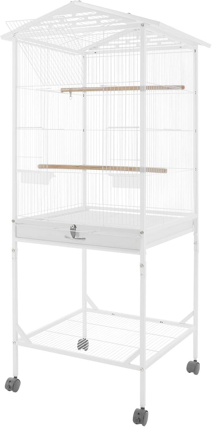 Large Bird Cage with Stand & Wheels, Freestanding Parakeet Birdcage with Wooden Stands & Feeding Cups, 49.2 Inch Bird Flight Cages for Parrot Canaries Cockatiels Budgie Parrotlet (White-C)