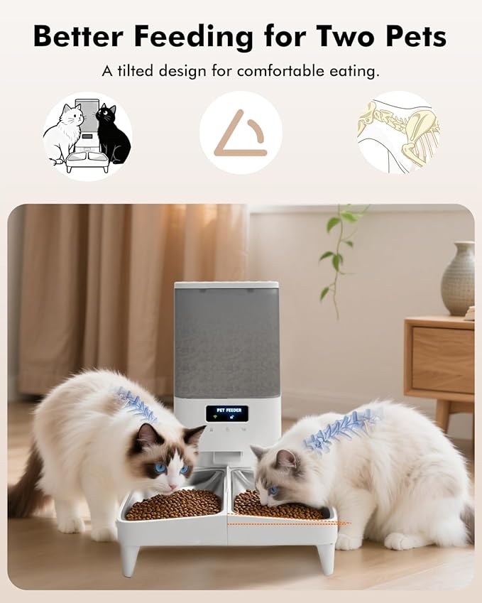 Automatic Cat Feeder for 2 Cats, 2.4G WiFi Timed Cat Feeder with APP Control, 20Cups/5L Automatic Food Dispenser, Dual Stainless Steel Bowls, 1-10 Meals/Day, Dual Power & Detachable for Easy Clean