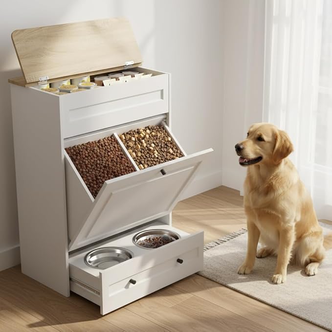 Elevated Dog Feeding Station with Storage Cabinet, 5.3" Pull-Out Hidden Bowls, Dog Food Organizer for Medium Large Dogs with Slow Feeder, Stainless Steel Bowls & Side Hooks (White)