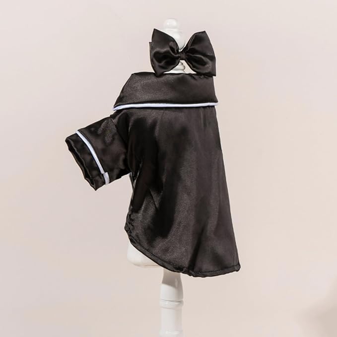 Cat Puppy Costume Elegant Satin Pajamas with Bow Headband 2PCs Set Pet Sleepwear Cute Pet Outfit Cosplay Partywear Photoshoots (Black Set,X-Small)