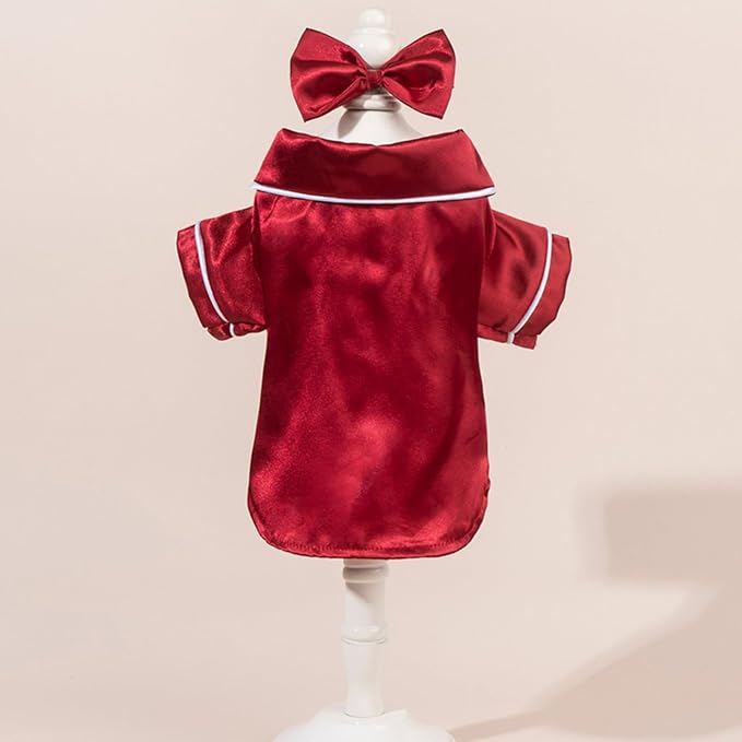 Cat Puppy Costume Elegant Satin Pajamas with Bow Headband 2PCs Set Pet Sleepwear Cute Pet Outfit Cosplay Partywear Photoshoots (red Set,Medium)