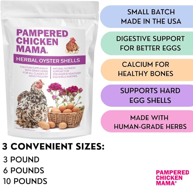 Pampered Chicken Mama Herbal Oyster Shells High Calcium Supplement for Pet Chickens, Ducks, and Other Poultry, Crushed Oyster Shells for Chickens with Herbs (3 POUNDS)