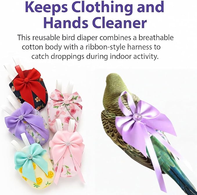 6pcs Bow Bird Diaper Set, Soft Reusable Flight Suit Clothing for Parrots Budgies Cockatiels — Cleaner Indoor Bonding & Training(L)