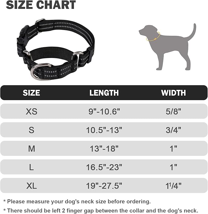 Hikiko Martingale Collar for Dogs Reflective Nylon Dog Collar with Quick Release Buckle Adjustable Training No Slip Dog Collar (X-Large, Black)