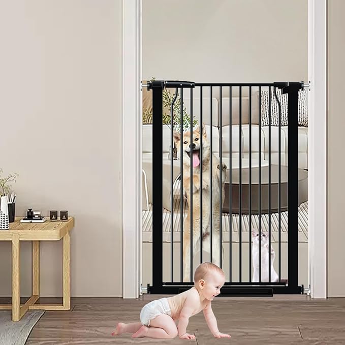 40.55" Extra Tall Dog Gate for Doorways Stairs, 60.3-62.9 in Wide Baby Walk Thru, Pressure Mounted Pet No Drill, Large Doggie With Door, Auto Close Indoor, Black