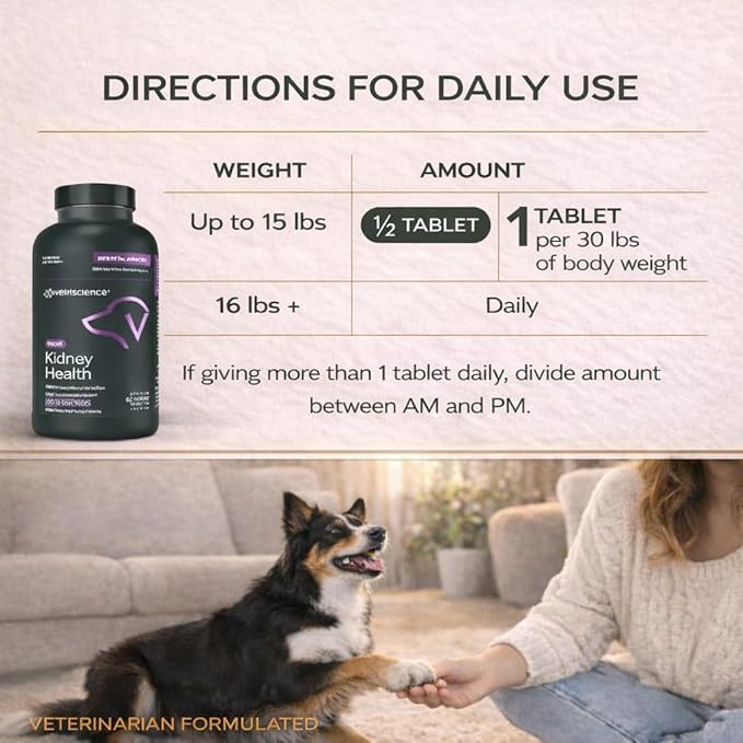 VetriScience Kidney Health Chewable Tablets, Renal Essentials Supplement for Dogs, Urinary Tract and Kidney Support with Mushroom, Astragalus Root, Nettle Seed and Herbs, Smoke, 60 Count