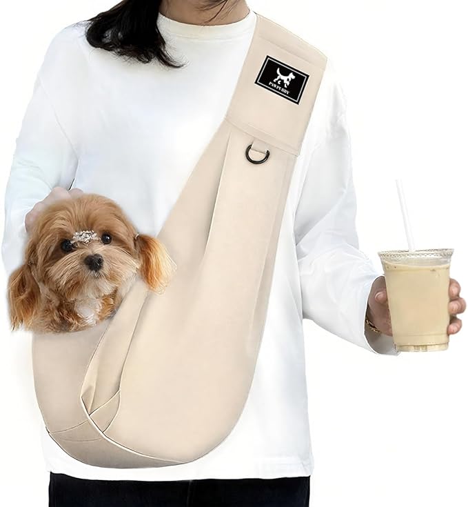 Dog Sling Carrier for Small Dogs up to 15 lbs - Hands Free Puppy Sling (Size M) - Ergonomic Padded Strap & Safety Hook Based on Owner's Bust, Apricot