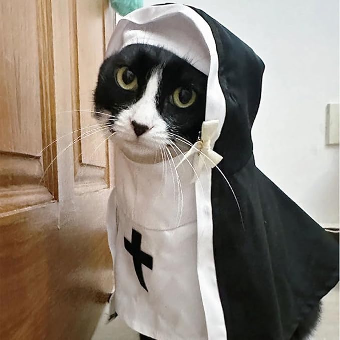 Cat Costume Nun Dress, Nun Dog Costume, Funny Halloween Cloak Outfit for Cat Small Medium Dogs, Cosplay Apparel for Photoshoots Parties Social Media, Adorable Pet Clothing (Black, Small)