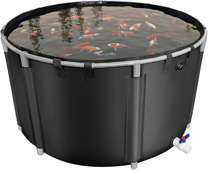 Canvas Fish Pond, 1300 Gallon Capacity Koi Pond, Foldable PVC Outdoor Fish Tank, Round Goldfish Bowl, Above Ground Pond with Stabilizing Frame and Drain Valve for Koi Farming, Aquaculture
