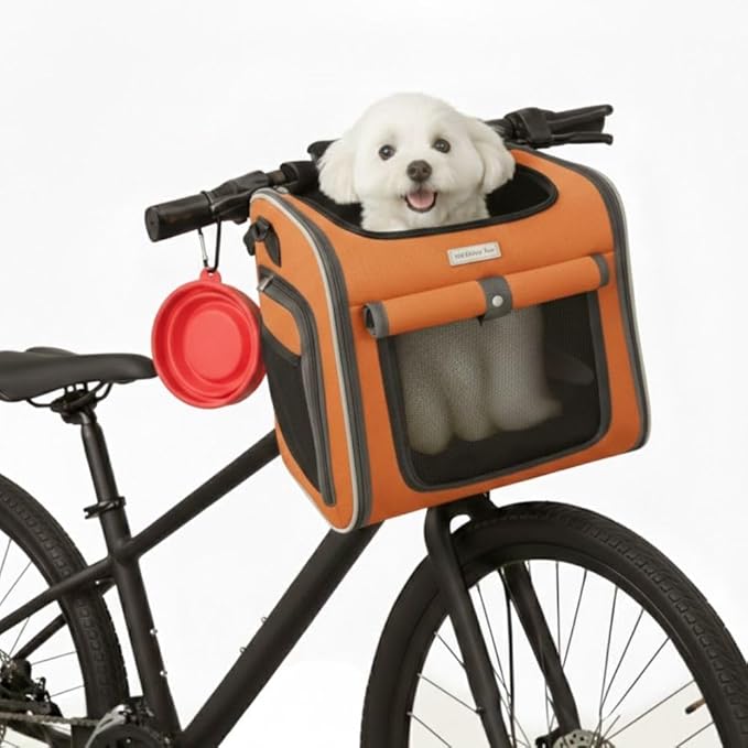 New Dog Bike Basket - Premium Dog Basket for Bike, Secure Pet Basket for Rides with Safety Strap, Dog Carrier Backpack Carrier with Dog Bowl by Luniko Shop (Orange)
