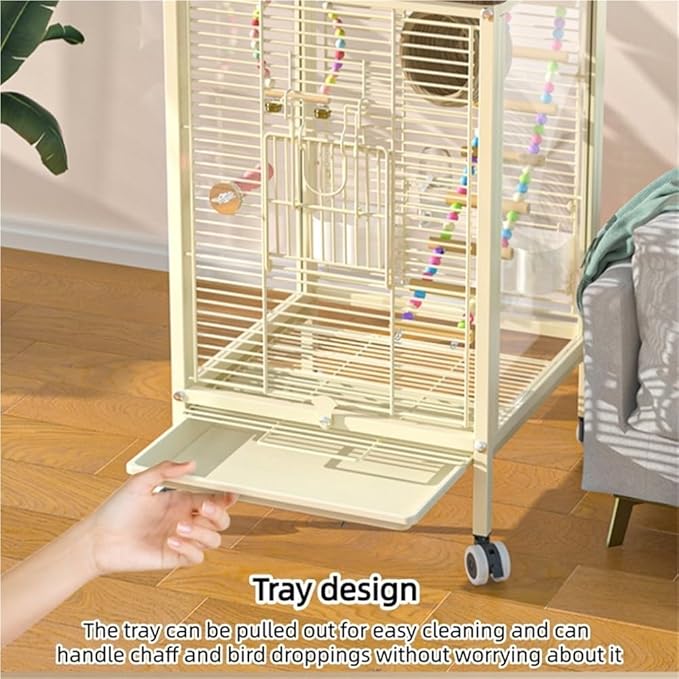 Medium Bird Cage with Rolling Wheels, Modern Clear Decorative Birdcage for Lovebirds, Hill Mynas, Budgerigars, Sun Conures, Munias, White-Eyes(Gray)