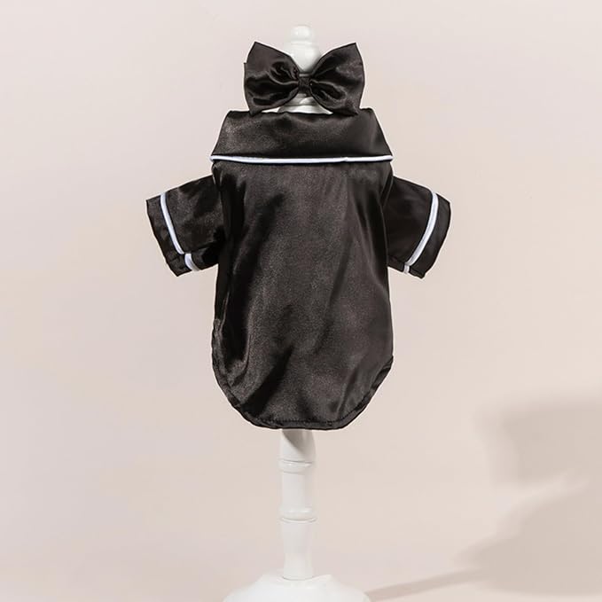 Cat Puppy Costume Elegant Satin Pajamas with Bow Headband 2PCs Set Pet Sleepwear Cute Pet Outfit Cosplay Partywear Photoshoots (Black Set,Medium)