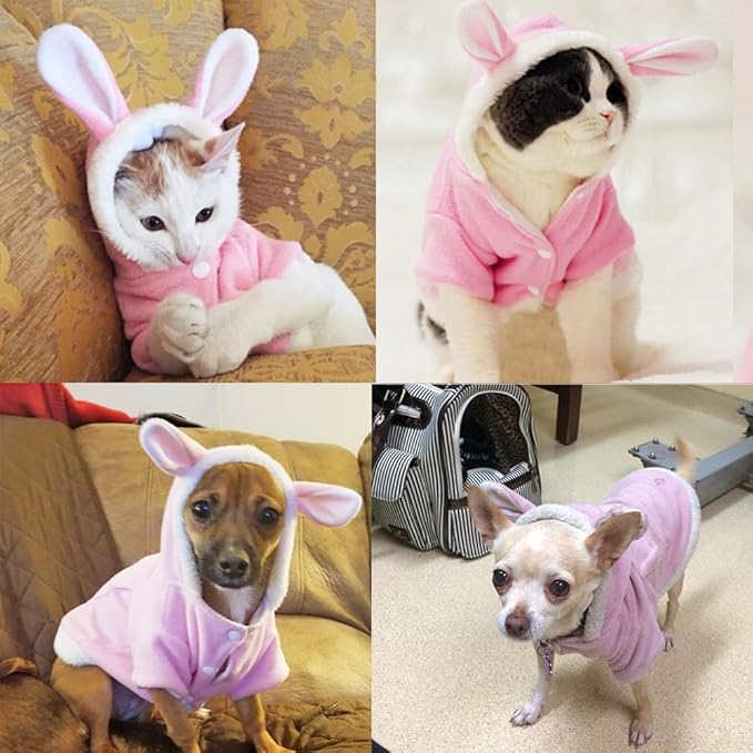 ANIAC Bunny Ears Cat Costume Plush Dog Hoodies with Pocket Sweater Cute Kitten Cat Clothes Warm Rabbit Ears Outfit with Hood for Small Dog Cat and Puppy (Pink-2, X-Small)