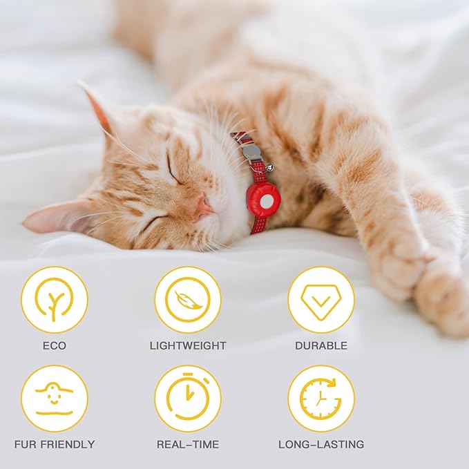 GPS Tracker for Cats, Waterproof Pet GPS Tracker, Cat Tracker Collar with Safety Elastic Buckle, Compatible with Apple Find My App (Only iOS), No Monthly Fee, Red