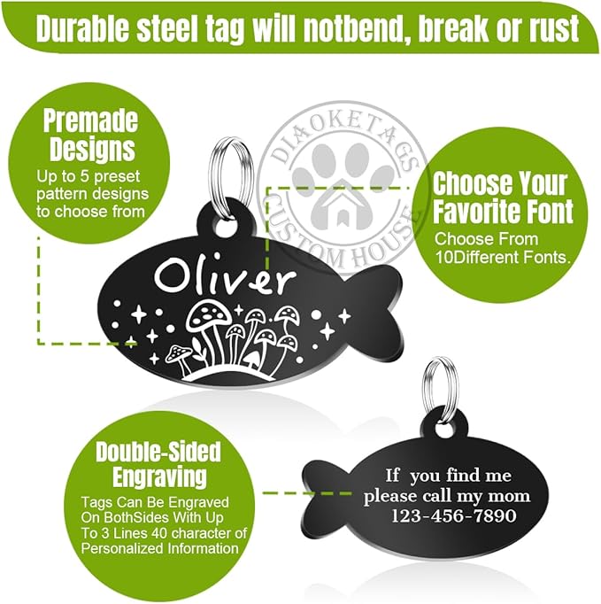 Stainless Steel Cat ID Tag Personalized Pet Tags with up to 4 Lines of Custom Text, Small Pet Mini Dog Cat Tag Lightweight, Engraved on Both Sides, Multiple Patterns Colors Size Options (Star)
