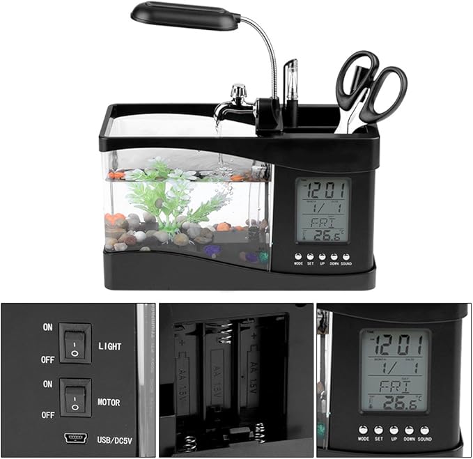 Small Divided Fish Multifunctional USB Rechargeable Mini Fish Aquarium with Clock Function LED Light(Black)