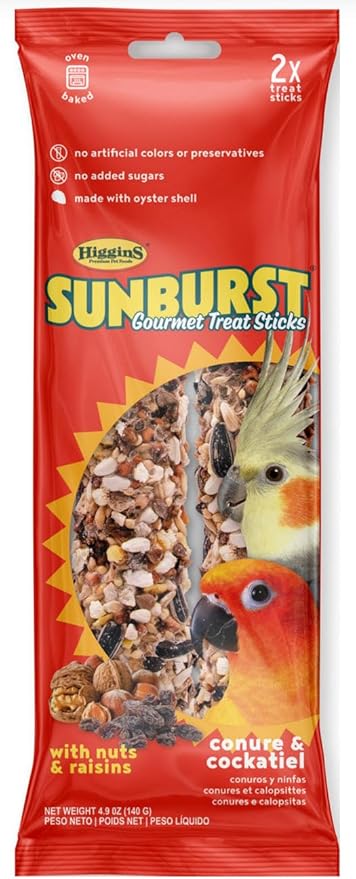 Higgins Sunburst Gourmet Avian Treat Sticks for Conures & Cockatiels. Nuts & Raisins 2pk. 4.9oz