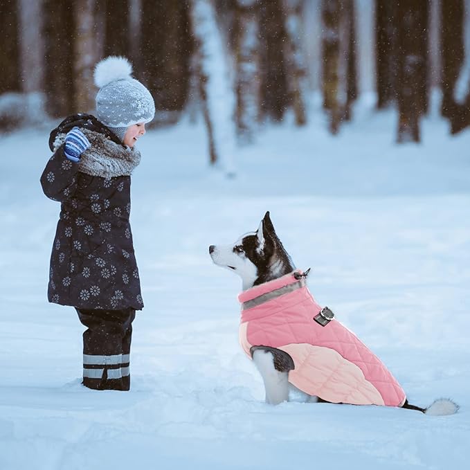 Lelepet Dog Coat Warm Dog Winter Coat Waterproof Dogs Jacket with Harness Built in Reflective Pet Fleece Vest Zip-Up Cold Weather Coats for Large Dogs Turtleneck & Windproof Coats Boston Terrier Pink