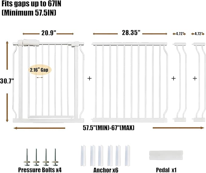 Extra Wide 67-71.5 Inch Baby Gates for Stairs, Doorways - No Drilling, Pressure Mounted Pet Gates for Kids and Dogs