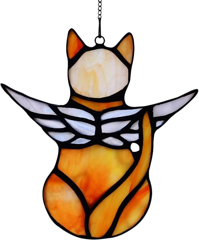 Angel Cat Memorial Ornament, Acrylic Window Hanging Decoration for Cat Lovers, Wings Suncatcher Decor, Pet Sympathy Gift Statue (Orange)