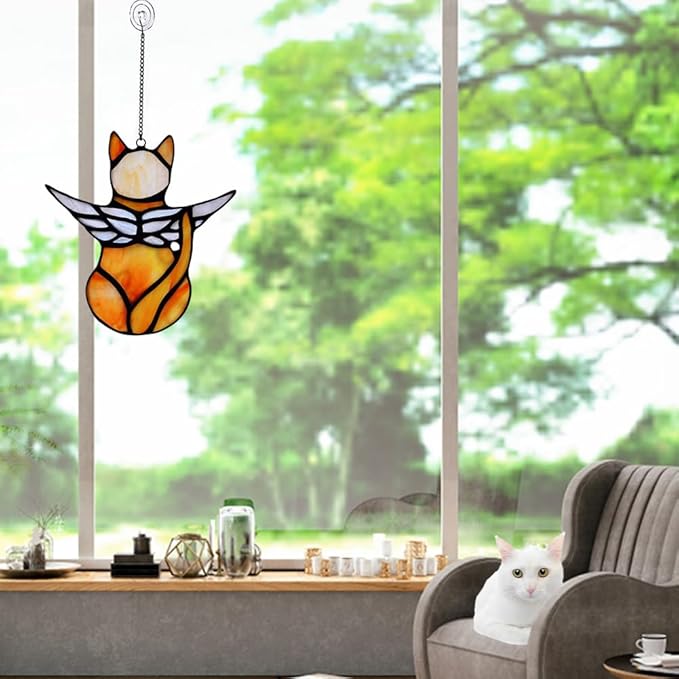 Angel Cat Memorial Ornament, Acrylic Window Hanging Decoration for Cat Lovers, Wings Suncatcher Decor, Pet Sympathy Gift Statue (Orange)