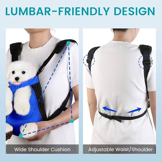 Dog Backpack Carrier, Pet Sling Front Backpack for Small Medium Dogs 10-16 Lbs, Legs Out, Adjustable Wearable Puppy Chest Travel Bag, Thick Straps & Cushion, Easy-Fit for Hiking/Walking/Camping