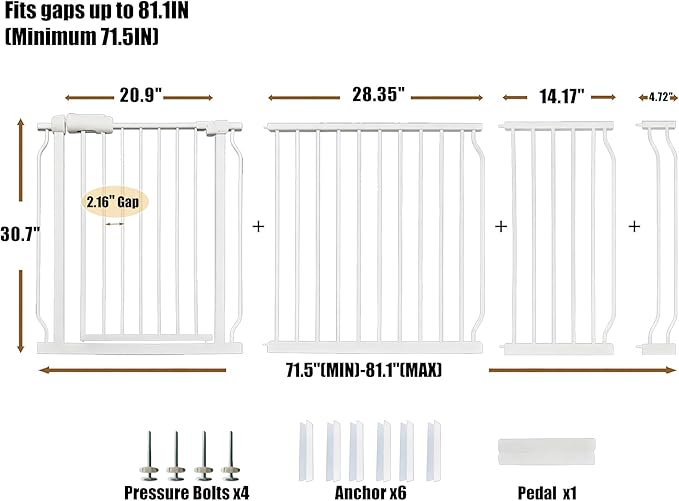 Extra Wide 76.4-81 Inch Large Baby Gates for Stairs, Doorways - No Drilling, Pressure Mounted Pet Gates for Kids & Dogs