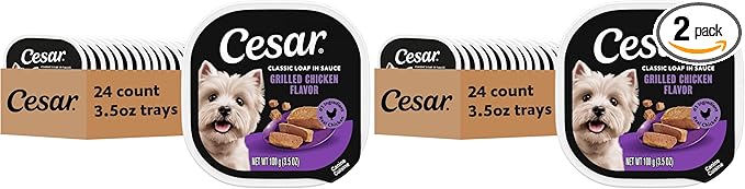 Cesar Classic Loaf in Sauce Adult Wet Dog Food Grilled Chicken Flavor, Wet Food for Dogs, 3.5 oz Easy Peel Trays, 24 Count (Pack of 2)