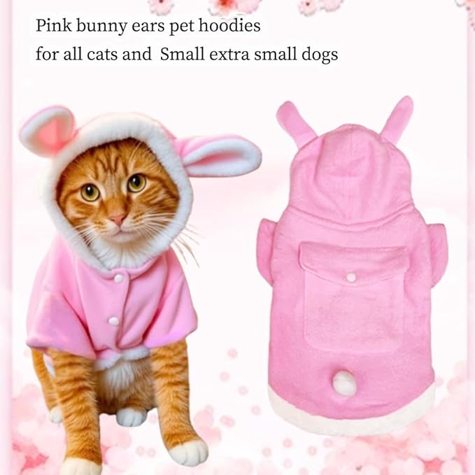 ANIAC Bunny Ears Cat Costume Plush Dog Hoodies with Pocket Sweater Cute Kitten Cat Clothes Warm Rabbit Ears Outfit with Hood for Small Dog Cat and Puppy (Pink-2, X-Small)