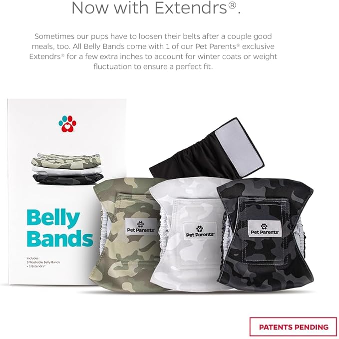 Pet Parents® Washable Belly Bands for Male Dogs (3pack) + Extendrs® of Durable Dog Diapers Male, Premium Male Dog Diapers & Dog Wraps (X-Small, Camo)