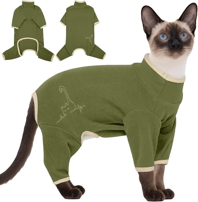 DENTRUN Cat Clothes for Hair Control with Hair Sticky Fabric - Soft Recovery Suit & Breathable Lint-Resistant Cat Sweater for Cats Only, Kitten Onesie Pajamas, XXL, Army Green